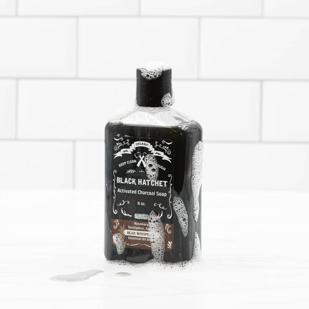 Bear whisperer charcoal body wash is composed of pure organic vegetable oils and is scented with a unique blend of rosemary, eucalyptus, and spruce essential oils.
This soap, ideal for deep cleansing, is activated bamboo charcoal known to extract skin impurities effectively.
