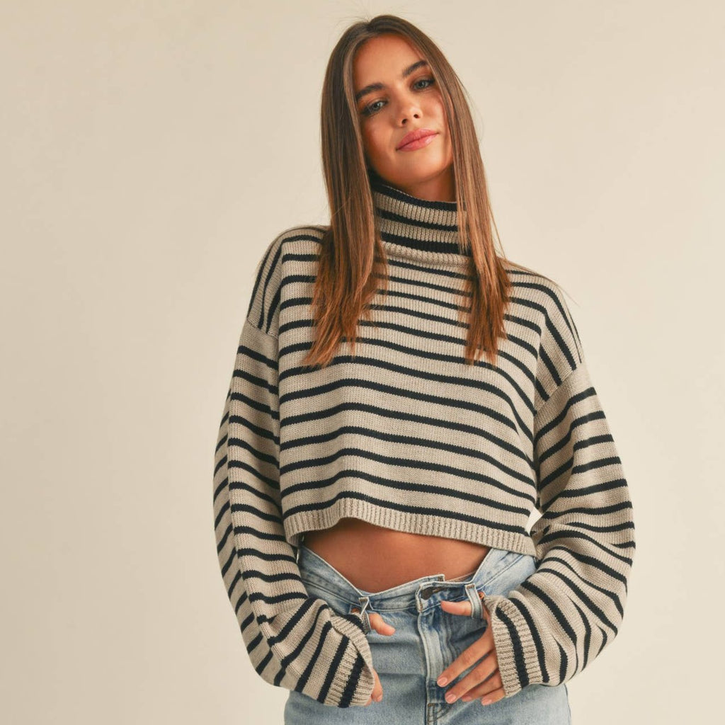 Add a pop of playful style to your wardrobe with our Striped Turtle Neck Crop Sweater Top. Stay warm and stylish with this eye-catching top. Perfect for any occasion, this top is sure to become your new go-to!