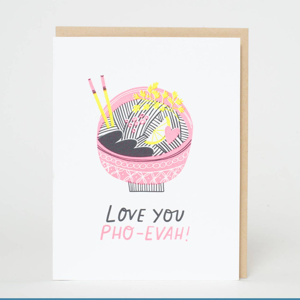 Send a memorable message with the Love You Pho Reals Punny Letterpress Greeting Card from Hello!Lucky. The quirky design and punny phrase will bring a smile to anyone's face. Perfect for expressing your love in a fun and playful way.