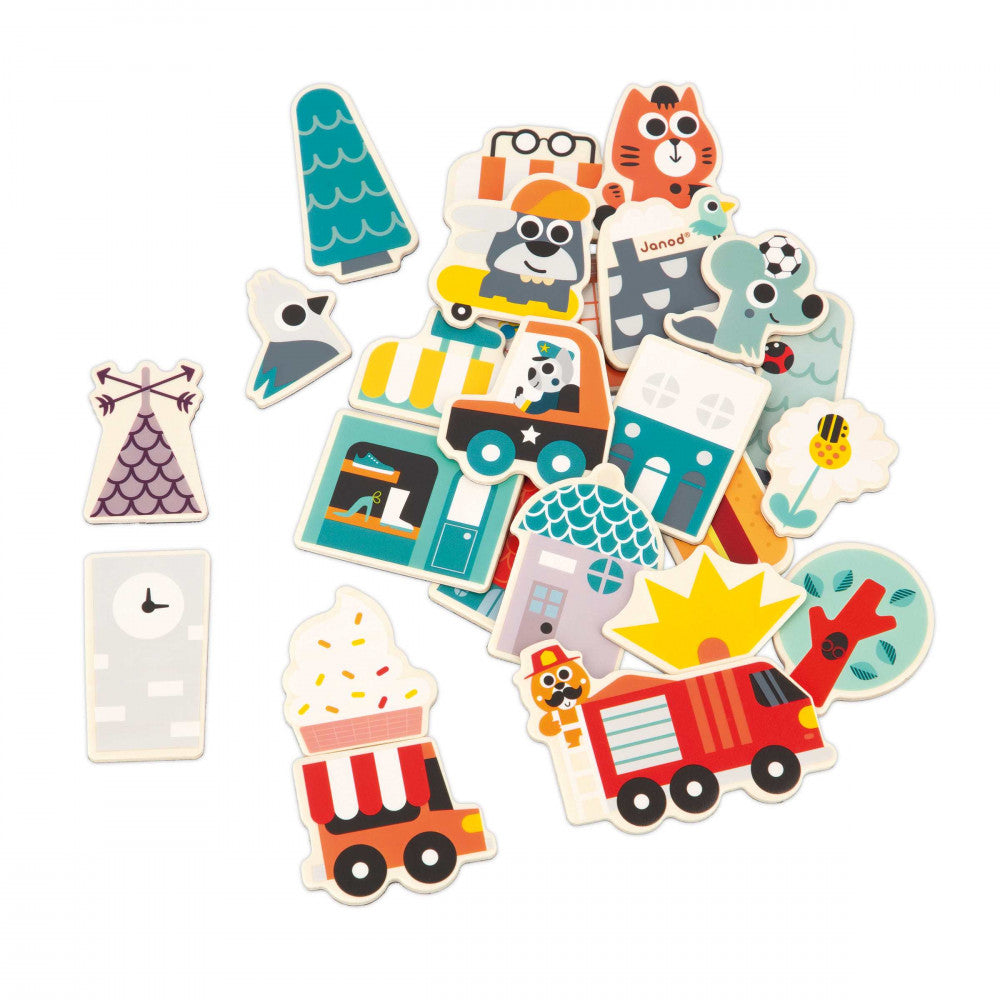 this set of 24 wooden magnets! Intended for children aged 2 years and up: these colorful  magnets will find pride of place on the fridge or a children's board for crazy adventures in a bustling city. The set of children’s magnets includes vehicle magnets (fire engine, police car, food truck), in addition to a scooter and a skateboard. In addition to the elements needed to set up the shops, houses and make this city populated by funny animals flourish!