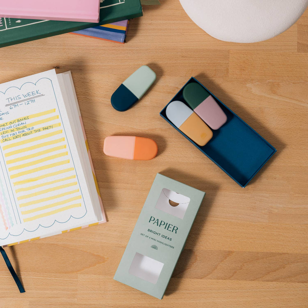 For highlighting your best bits. Papier's Bright Ideas mini highlighters glide smoothly over the words you want to remember. In a set of four happy hues – mint, mustard, lilac and peach – every page will look a little brighter.