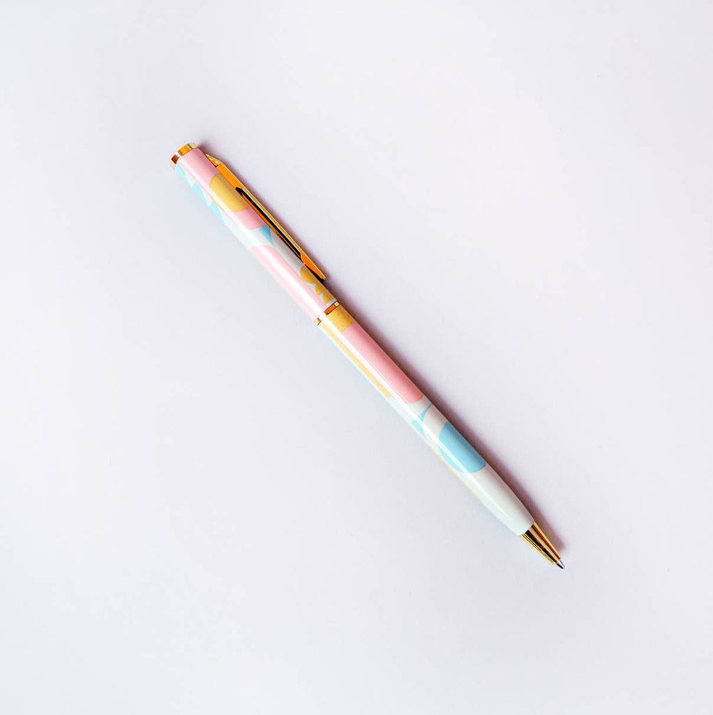 Make writing a little more fabulous with this printed metal pen with real gold plated trim. It has a fine ball point and black ink. And it's refillable! Refills sold separately.