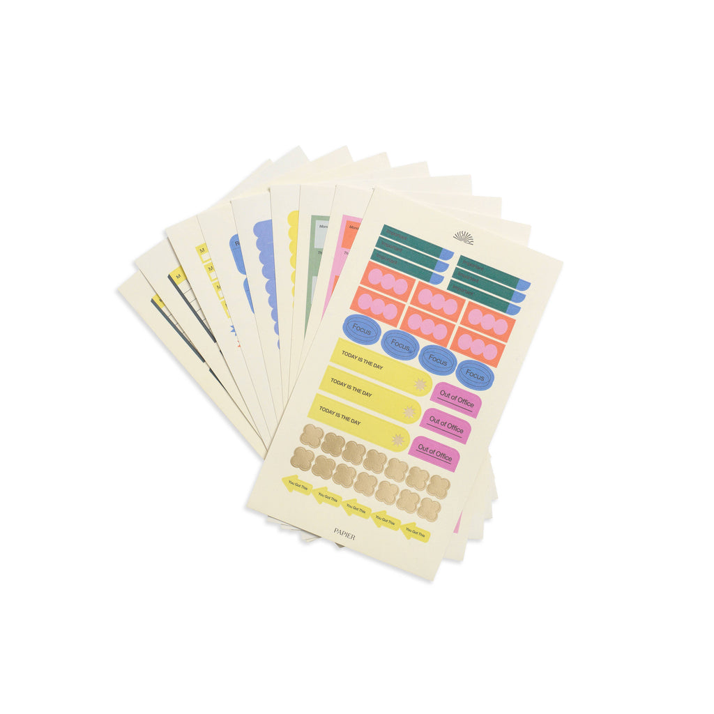 Brighten your organization with Papier's productivity sticker set. Includes 20 sheets of illuminated lists containing to-dos, priorities, goals, shopping and more. Stick and tick with ease, alleviating the daily pressures of planning.