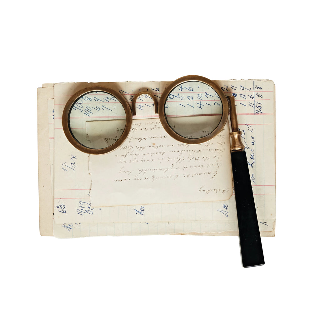 Magnifying glasses can be so much fun. Here is a pair of antique magnifying spectacles. They are perfect for decor on a bookshelf or desk. For the person with vision difficulties, these beauties will be handy to grab when needing to see small items or writing. 6-1/4"L x 7"H Brass