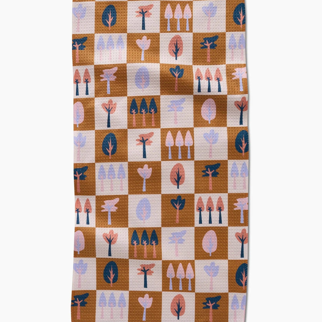 checkered fall trees pattern tea towel