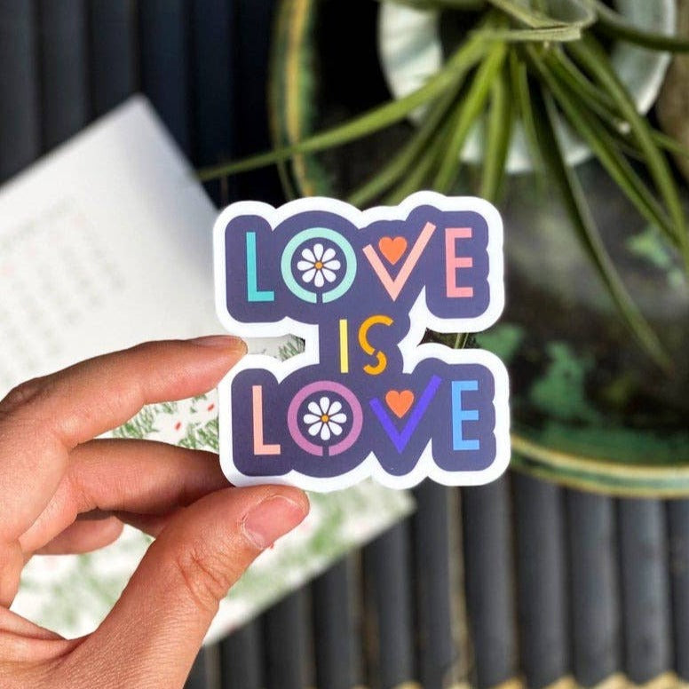 Water-resistant vinyl "love is love" LGBTQ sticker. Perfect for laptops, water bottles, phone cases & more! 2.25 in x 2.5 in