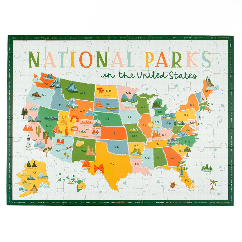 Embark on a journey through the country with our National Parks in the United States 110 Piece Jigsaw Puzzle. Perfect for nature lovers of all ages, this puzzle captures the beauty of America's national treasures. The uniquely state-shaped pieces and beautifully illustrated designs make this puzzle a fun and educational activity for kids and adults alike. With only 110 pieces, it's the perfect gift for children and a great addition to any teacher's classroom.