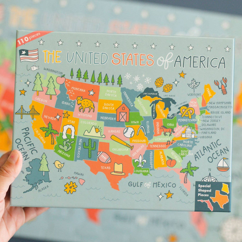 Explore the United States of America with our one-of-a-kind, hand-drawn puzzle. The uniquely state-shaped pieces and beautifully illustrated designs make this puzzle a fun and educational activity for kids and adults alike. With only 110 pieces, it's the perfect gift for children and a great addition to any teacher's classroom.