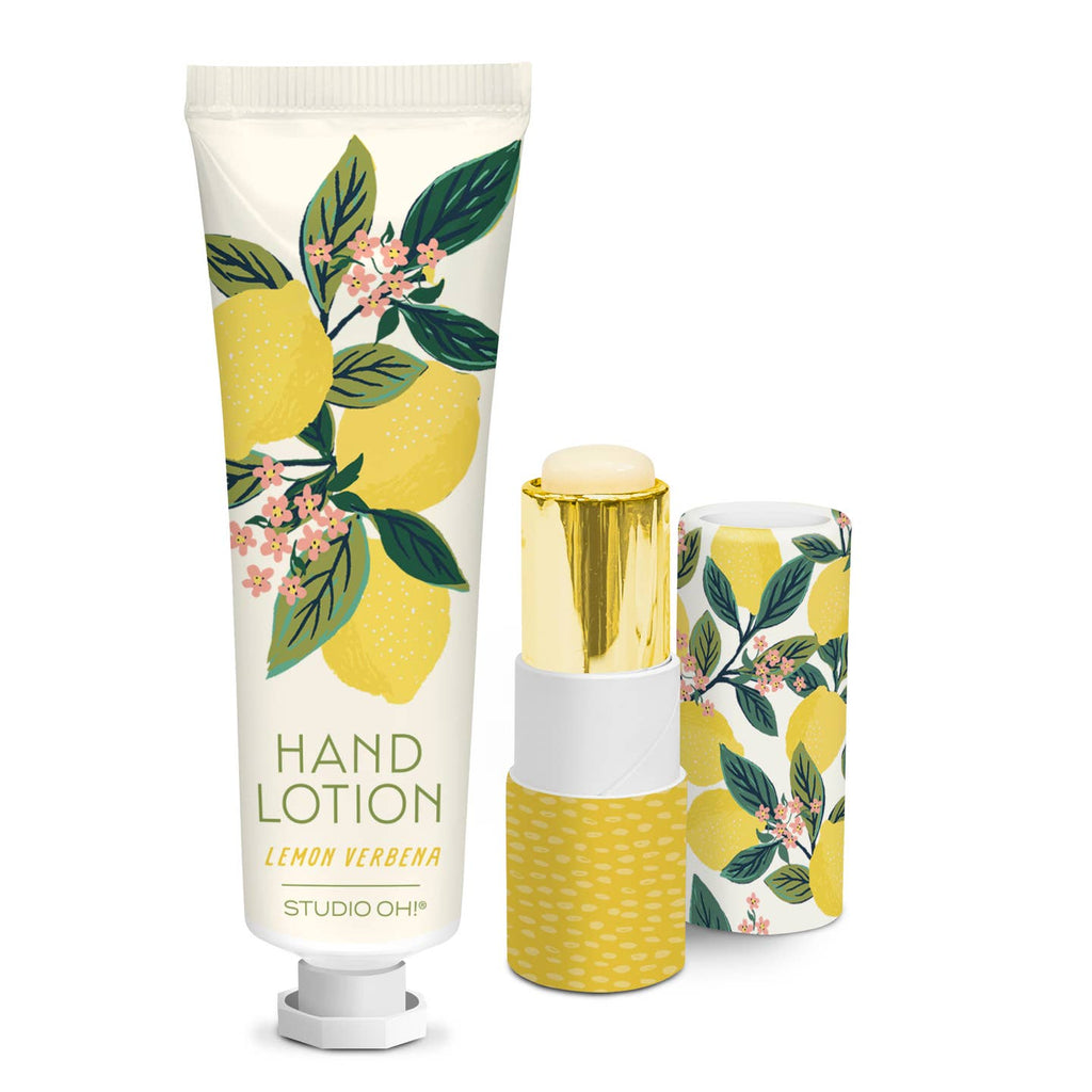 The Lip Balm &amp; Hand Lotion Set from Studio Oh! includes a hand lotion and lip balm packaged in a clear, reusable pouch. The unscented lip balm helps gently moisturize and smooth dry lips, while the scented hand lotion hydrates hands and cuticles. The two-piece set is artfully designed and perfect for carrying in a handbag or gifting to a friend.