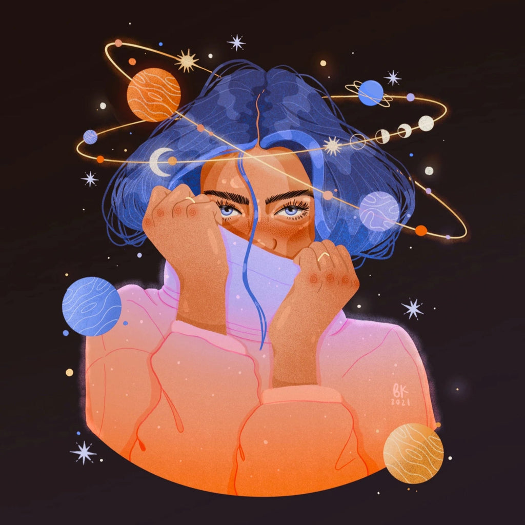 A woman with blue hair is tugging the neck of a turtleneck up to her nose. The turtleneck has hues of pink and orange and blue. The solar system is surrounding the woman's head. 