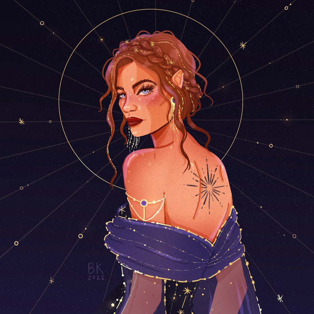 Nesta has brown hair braided in an updo and she looks back over her shoulder at you. In the center of her upper back she has a tattoo of an exploding star. She is wearing a deep blue dress adorned with constellations. 