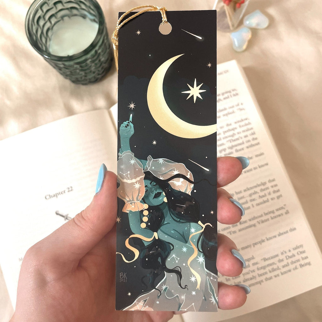 Celestial Guardian Bookmark with hand tied gold tassel. Artwork by Brittany Keller.