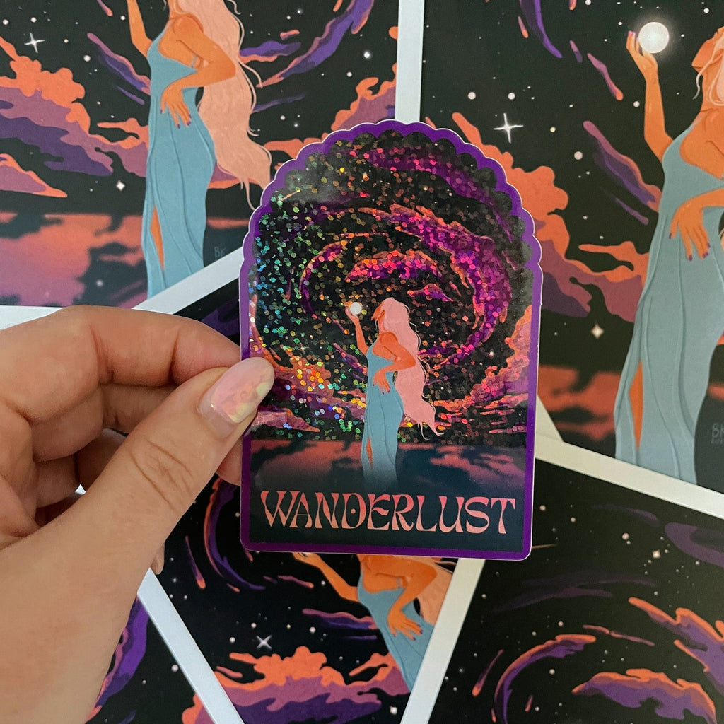 Wanderlust glitter sticker based off of artwork by Brittany Keller. This sticker has a glossy vinyl finish with glitter elements in the sky and clouds.