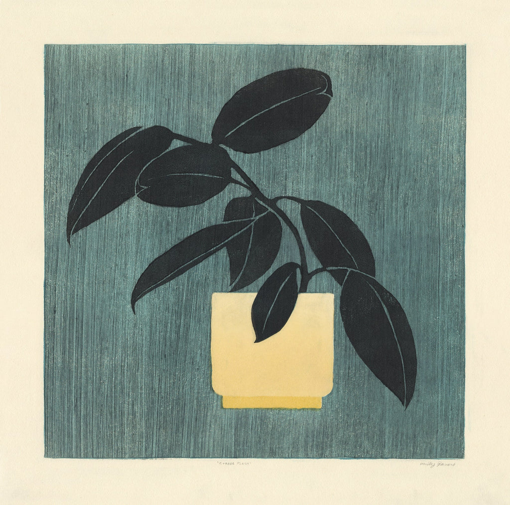 12X12 inch print of a rubber tree plant in a yellow pit with a dark teal background