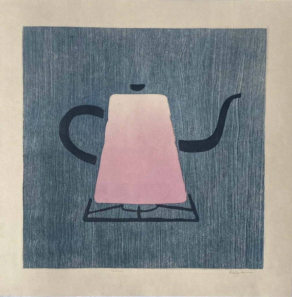 12X12 inch print of a pink kettle on a stove top with a blue background