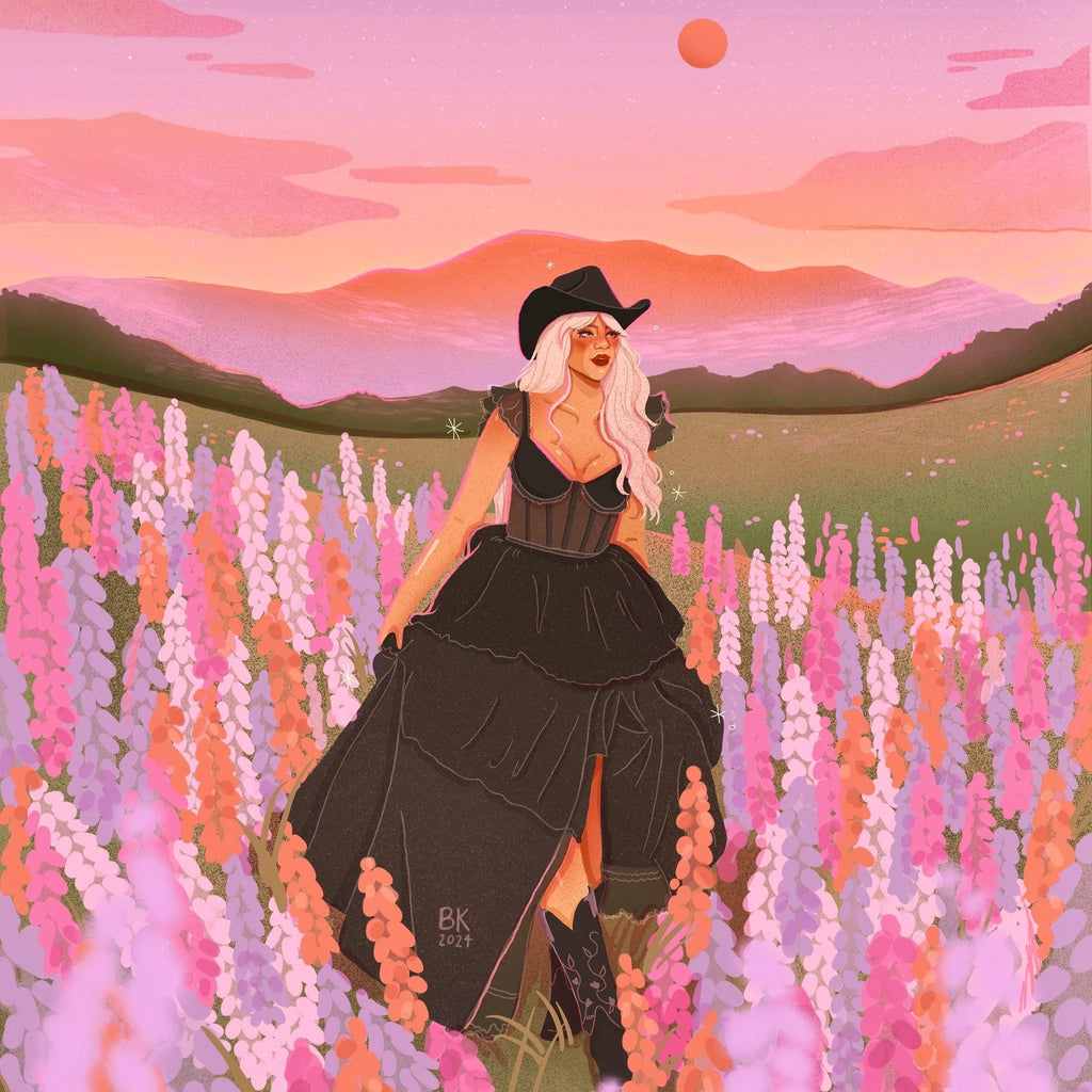 A cowgirl wearing a black cowgirl hat and a victorian-era black dress. She has long, blonde hair and she is standing in a lavender field. The sky has pink and orange hues. 