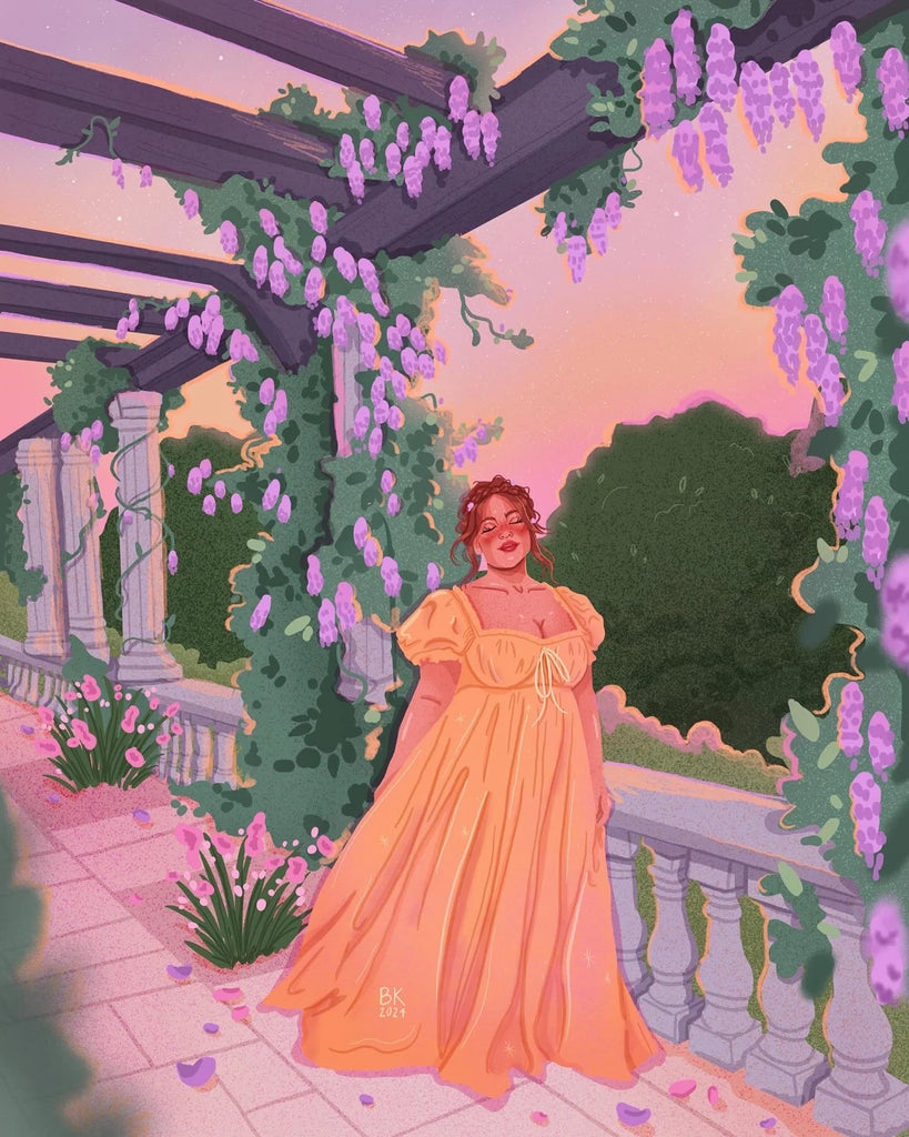 A larger and curvy woman wearing a pale yellow fairytale dress is standing wistfully on a cobblestonen walkway surrounded by wisteria. 