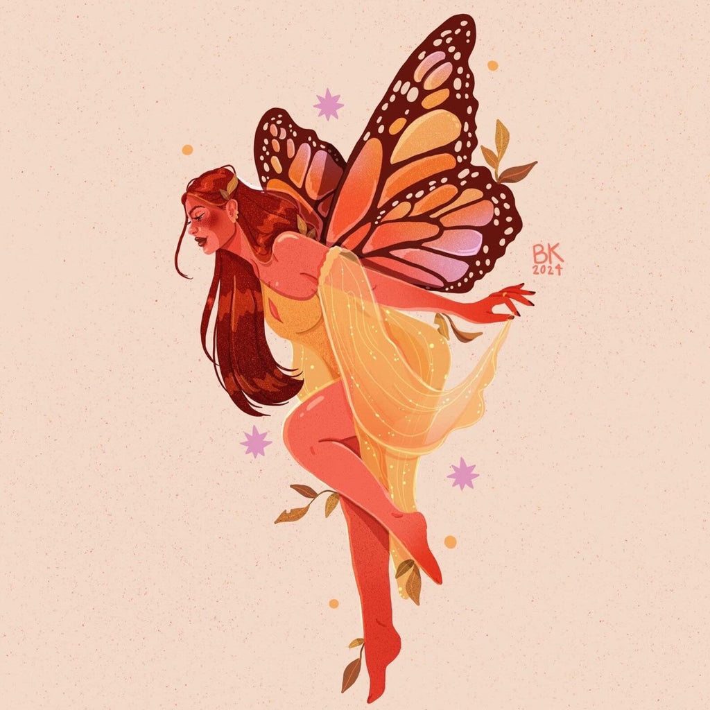 Monarch fairy. A woman wearing a pale yellow dress and she has long brown hair. She has large monarch butterfly wings attached to her back. 