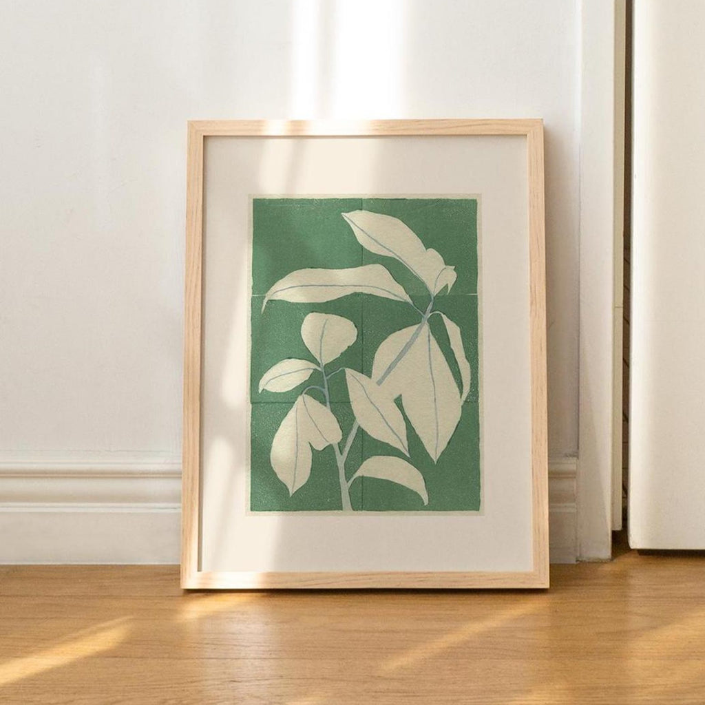 8X10 inch print with a green background covered by a white branch with big leaves