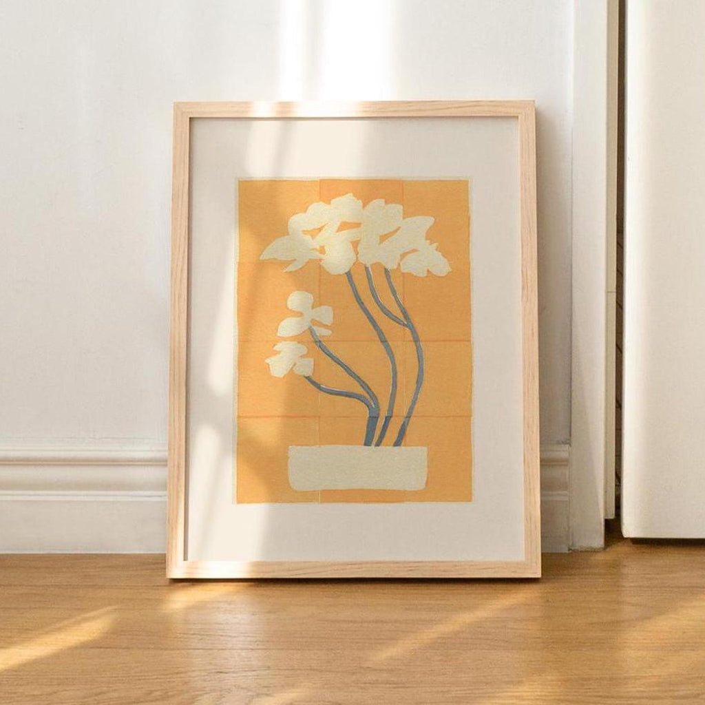 8X10 inch print featuring a yellow background and white potted flowers