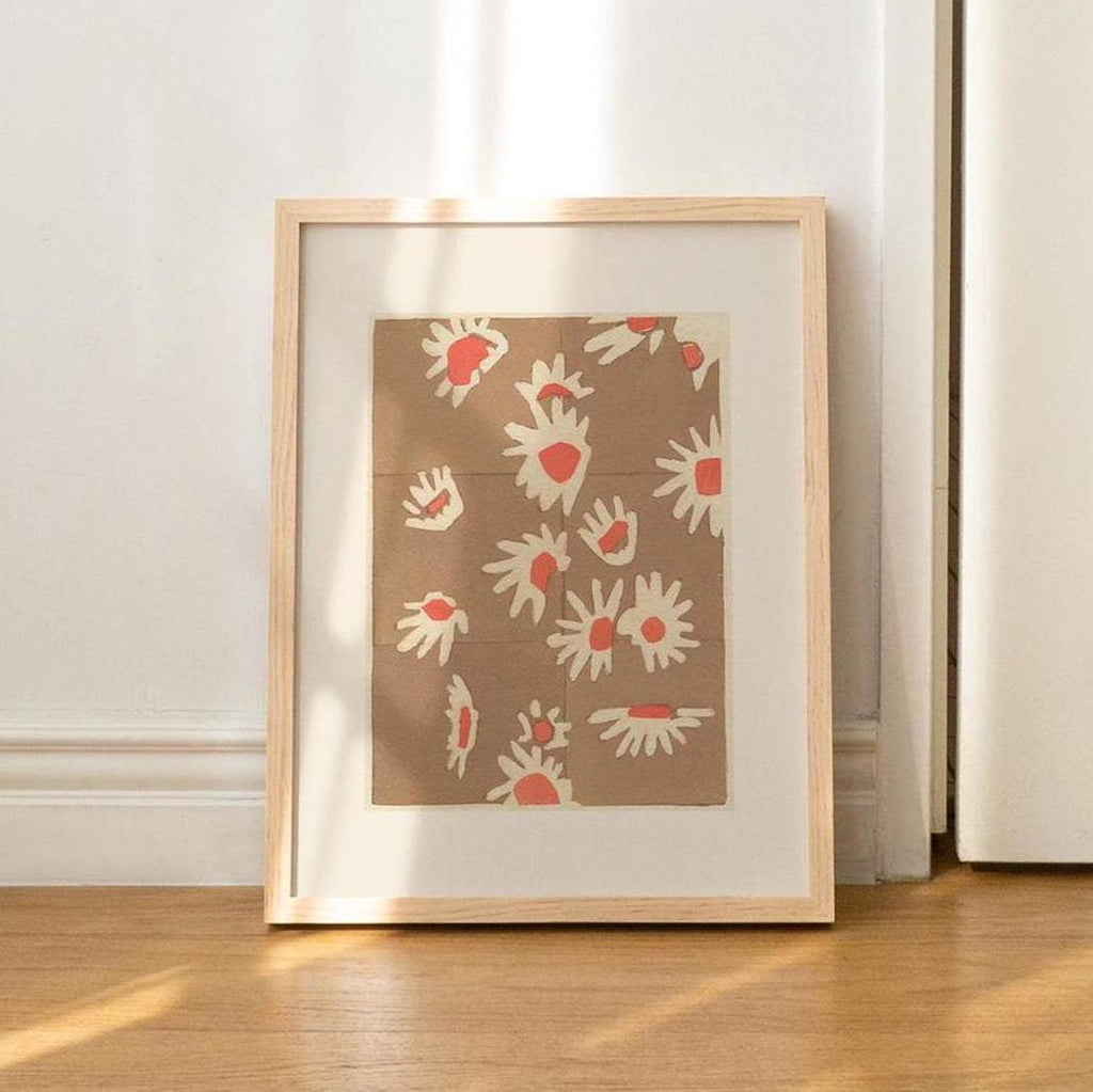 8X10 inch print with a brown background and white and pink flowers