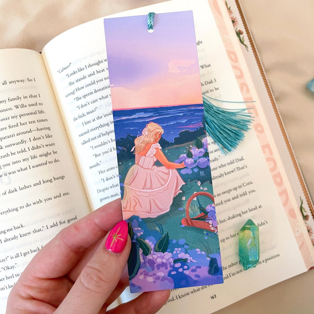 Hydrangeas by the Sea double sided, UV coated bookmark with hand tied tassel. Artwork by Brittany Keller.