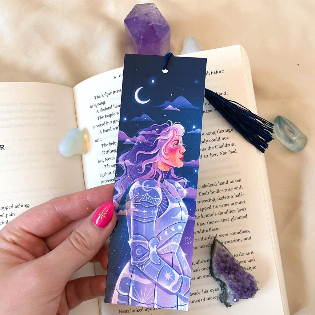 Moonlight Knight double sided, UV coated bookmark with hand tied tassel. Artwork by Brittany Keller.