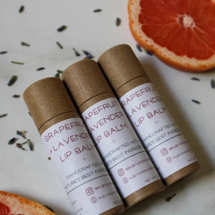 All natural, eco friendly, nourishing Grapefruit + Lavender lip balm. 