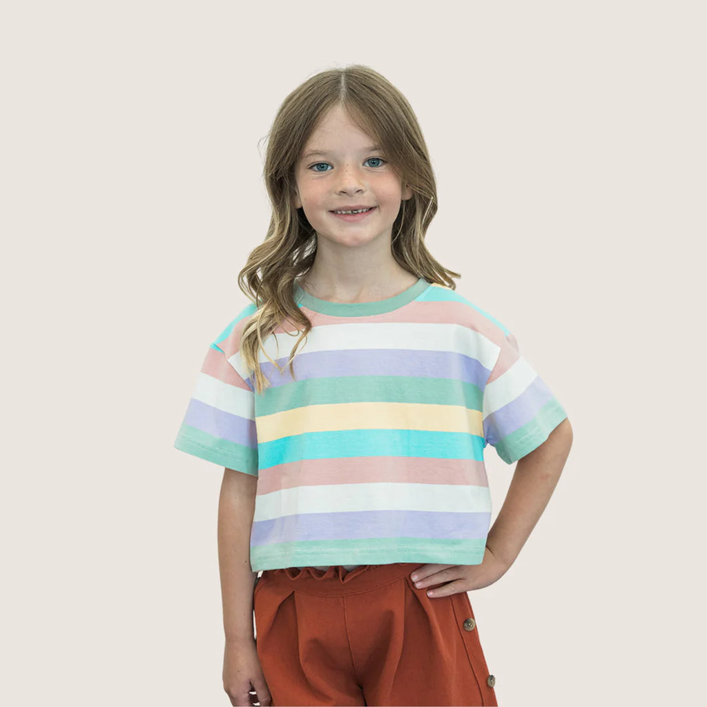 Constructed from 100% premium cotton, our Rainbow Stripe T-shirt offers unparalleled comfort and breathability. Adorned with bands of light green, purple, yellow, white, blue, and pink, this tee instantly elevates casual wear into a head-turning ensemble