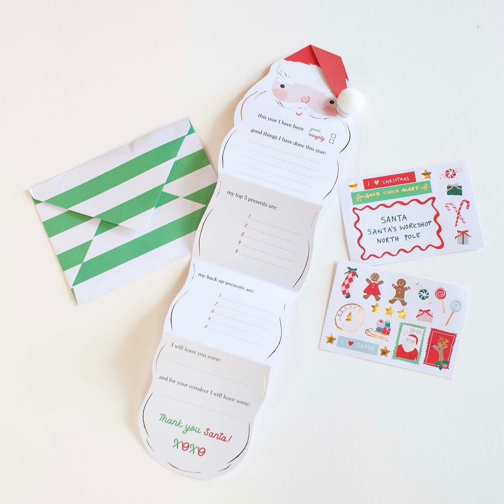 Write your wish list to Santa with this easy kit from Meri Meri! Featuring a long list to write all your hopes for Christmas Day, two sheets of stickers, and an envelope for mailing to the North Pole.