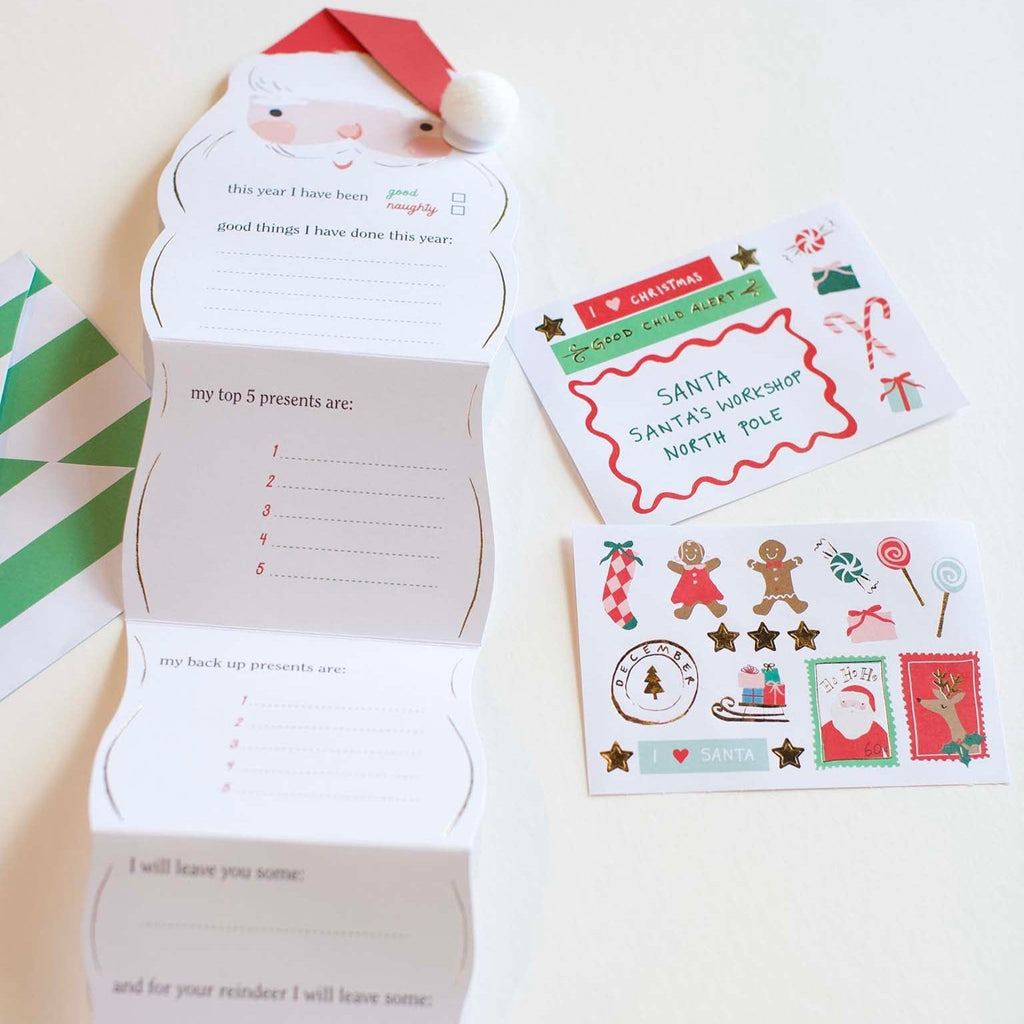 Write your wish list to Santa with this easy kit from Meri Meri! Featuring a long list to write all your hopes for Christmas Day, two sheets of stickers, and an envelope for mailing to the North Pole.