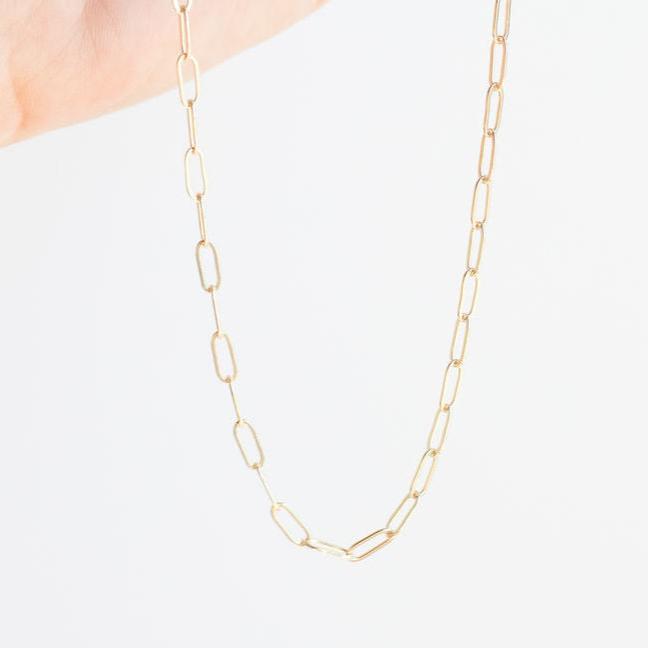 14k Gold Filled Chain. Available in 14, 15, 16, 18 or 20 inch chain (14 inch is a choker length, 18 inch is standard necklace length). Available with a traditional spring clasp that goes in the back, or a large front clasp.
