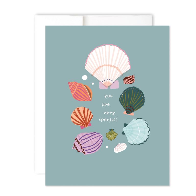 blue card featuring colorful seashells, reading "you are very special".