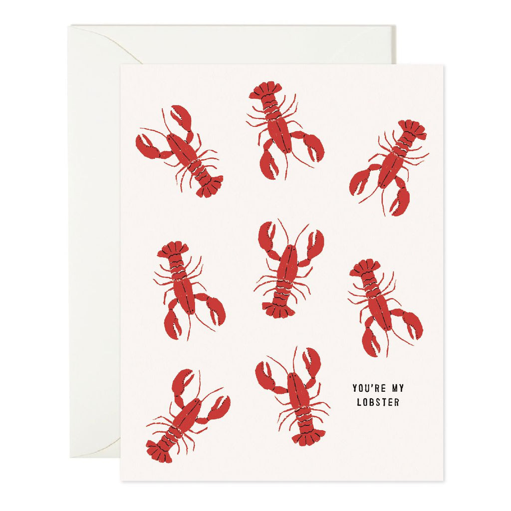 white card covered in 8 bright red lobsters, reading "you're my lobster"