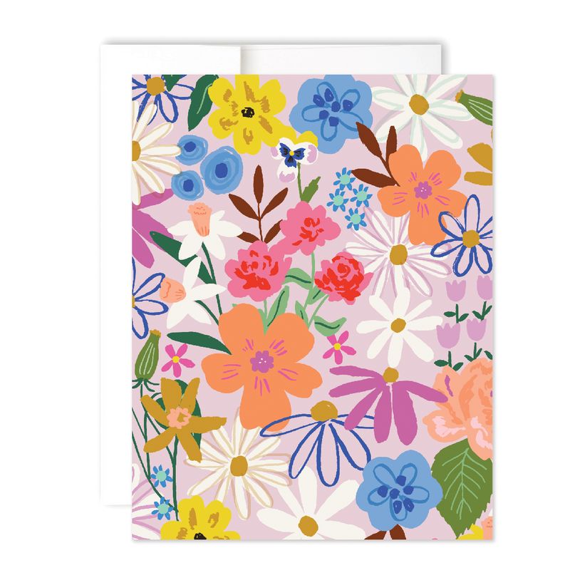 pink card featuring a variety of colorful flowers