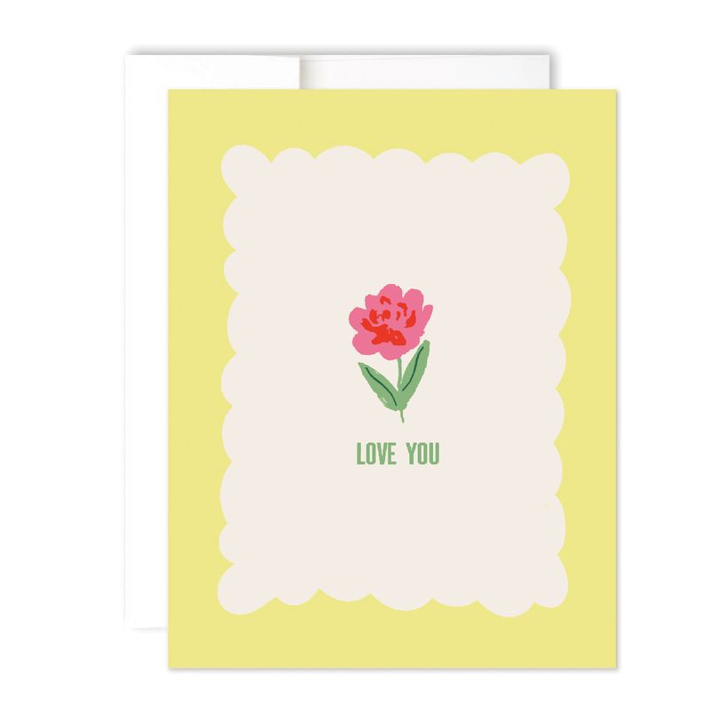 yellow and white card featuring a single rose, reading "love you"