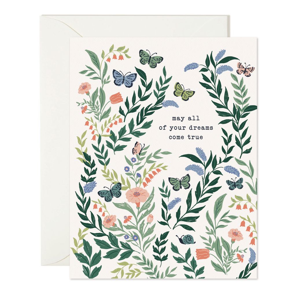 white card with a garden full of butterflies