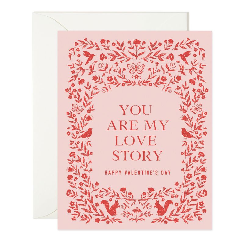 pink card reading "you are my love story" and "happy valentine's day" surrounded by red florals and animals