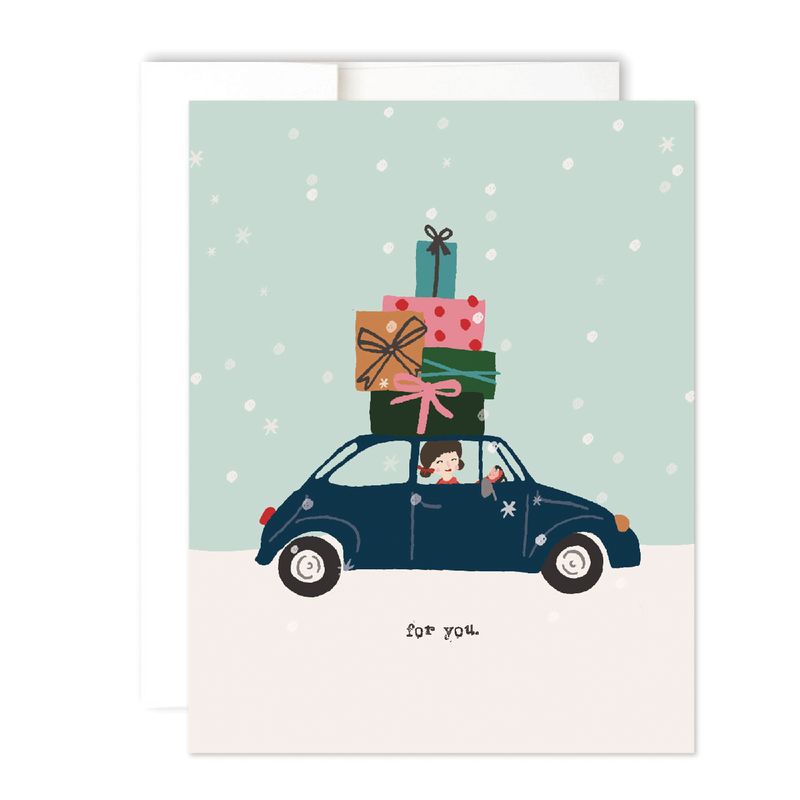 mint A2 card with a blue car carrying gifts in the snow with a cute little driver. card reads "for you"