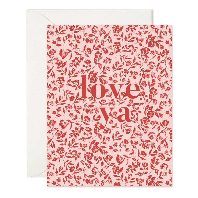 pink card with red florals reading "love ya"