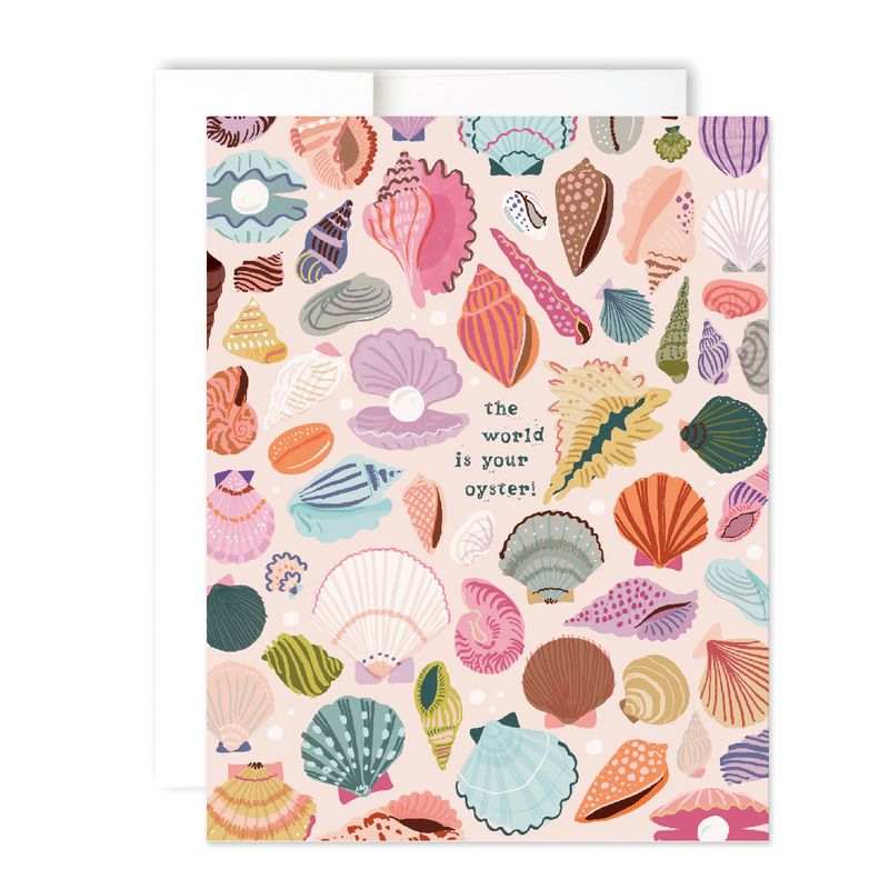 baby pink card featuring a bright collection of seashells, reading "The World is Your Oyster".