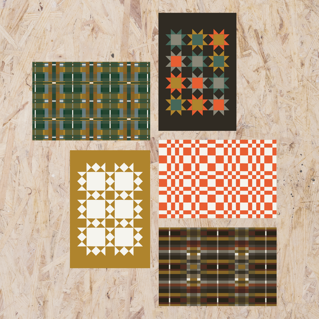 winter postcard set featuring plaids and quilt patterns