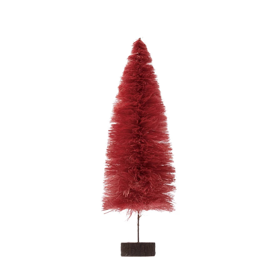 Sisal Bottle Brush Tree with Wood Slice Base, Berry Color    Size  7-3/4" Round x 19-3/4"H     Material   70% Sisal, 20% Poplar, 10% Iron