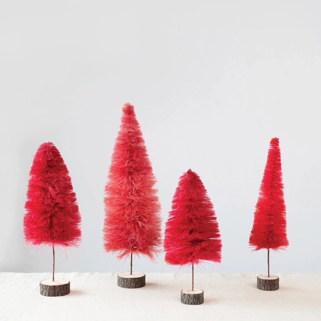 Sisal Bottle Brush Tree with Wood Slice Base, Berry Color    Size  7-3/4" Round x 19-3/4"H     Material   70% Sisal, 20% Poplar, 10% Iron