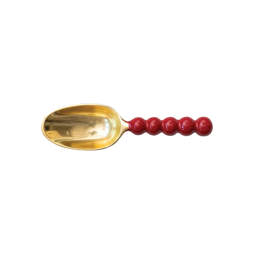 This aluminum scoop features a red and gold enameled finish that adds a touch of elegance and color to the kitchenware. The scoop has a sleek and shiny appearance that matches well with any decor. It is ideal for scooping ice, flour, sugar, coffee, or any other dry or wet ingredients. The scoop has a long and ergonomic handle that makes it easy to hold and use. It also has a hole on the end for hanging or storing. The scoop is made of aluminum, which is durable, lightweight, and easy to clean.