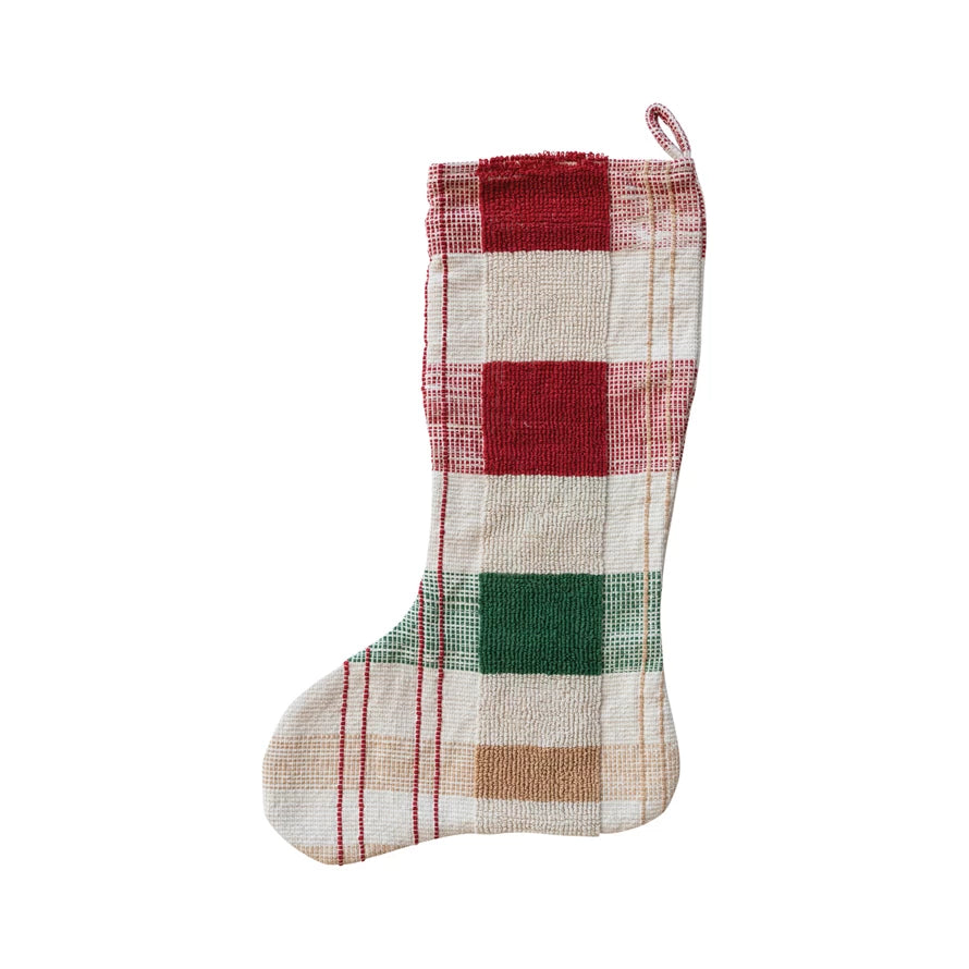 Add a splash of festive color to the holiday decor with our panache textured stocking that brings a touch of elegance and luxury to any room. The stocking's durable woven cotton fabric is adorned with a cheerful multicolor plaid, bringing warmth and style to any seasonal display. Its generous size is ideal for stuffing with gifts, while the classic pattern invites a sense of holiday nostalgia. Whether continuing a family tradition or starting a new one, this stocking is a merry addition to every Christmas c