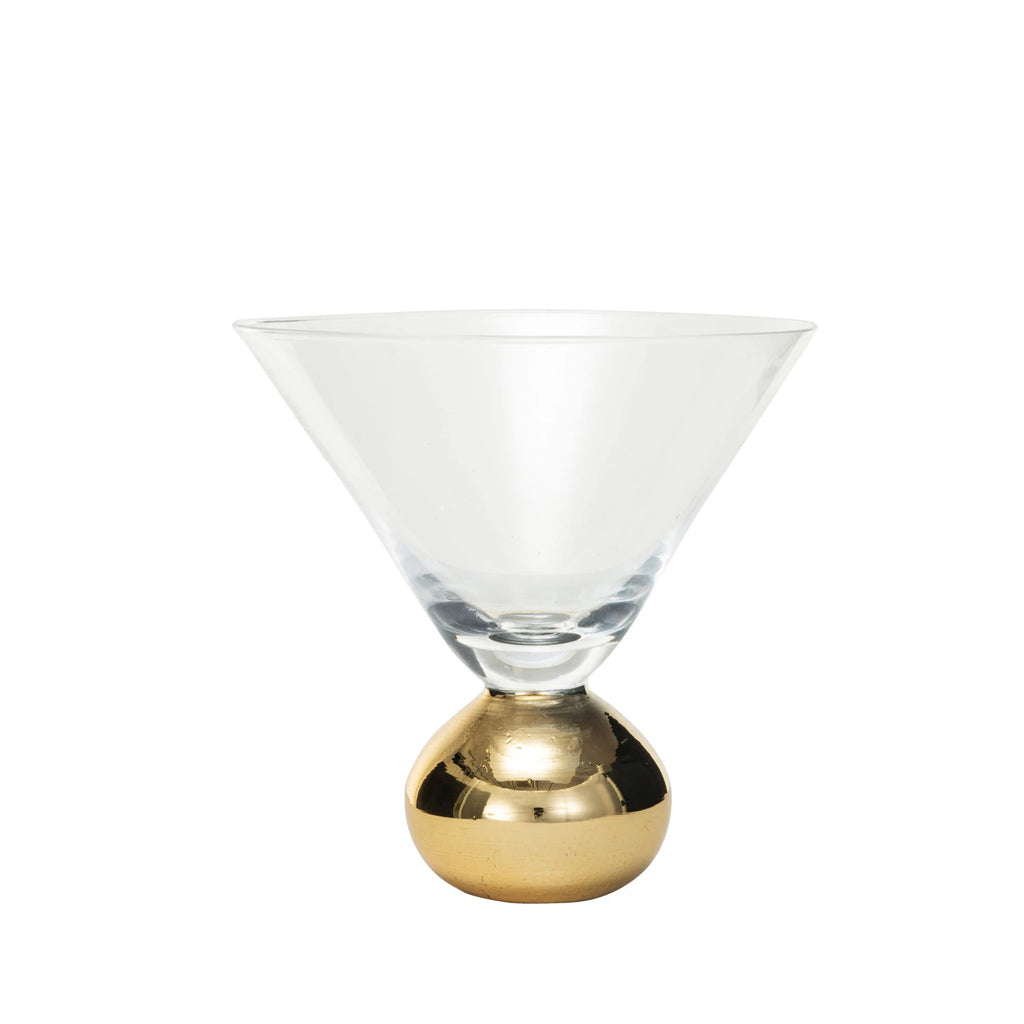 This 12-ounce martini glass is the epitome of chic, boasting a clear bowl that allows the vibrant colors of the cocktail to shine, supported by a striking gold electroplated ball stem. The round shape of the stem provides a unique visual contrast to the classic martini glass design, making it a standout piece for any occasion. Whether shaking or stirring, this glass adds a touch of glamour to the mixology and serves as a conversation starter at any gathering. Its size is ideal for those who enjoy a substant