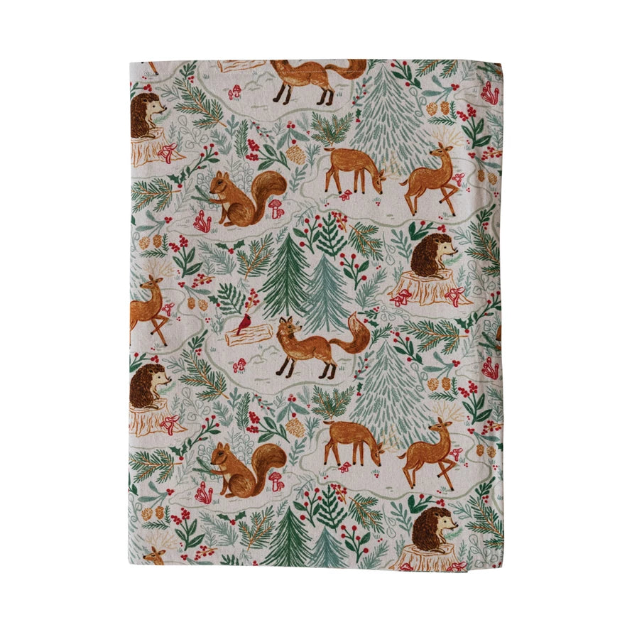 Add some beauty and whimsy to the dining table with this cotton-printed tablecloth with a woodland flora and fauna pattern. This tablecloth is a stunning and unique piece that features various animals, plants, and flowers in multicolor, creating a woodland flora and fauna pattern that is both charming and captivating. The tablecloth can transform any dining table into a magical forest scene, bringing some nature and wonder to any space