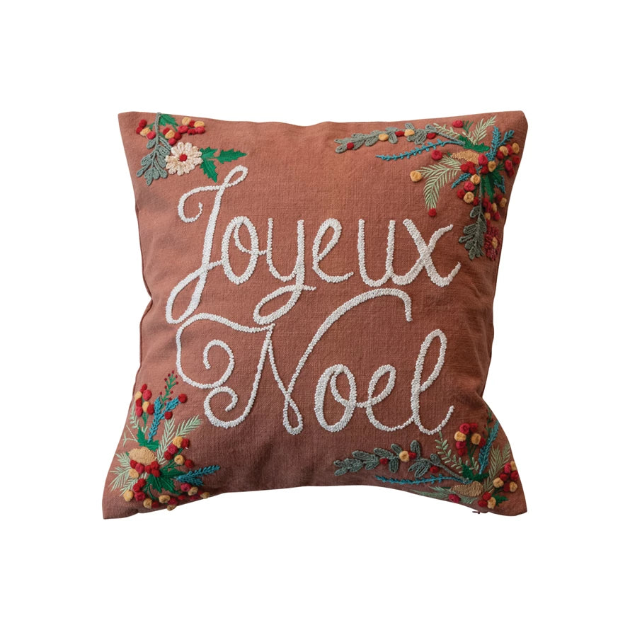 This 20-inch square cotton pillow is a vibrant homage to the holiday spirit, adorned with "Joyeux Noel" amidst a tapestry of embroidered botanicals. The multicolor palette adds a lively touch to the festive season, while the cotton cover and polyester fill combination promise both comfort and durability. Measuring a perfect square, this pillow is not only a decorative accent but also a welcoming cushion for the guests during the festive celebrations