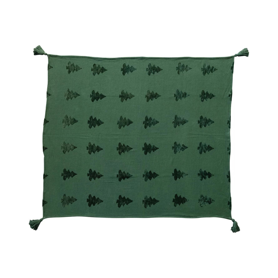 Add some warmth and charm to the space with this green woven cotton blend jacquard throw with trees and tassels. A relaxing and refreshing green color palette makes the blanket comfortable and appealing. A jacquard design adds texture and details to the throw, making it stand out. A tree design adds flare to the throw, producing a magnificent and unique display. Tassels give flair and movement to the toss, making it stand out. The throw is made of cotton and viscose, with a soft and durable quality. It is e